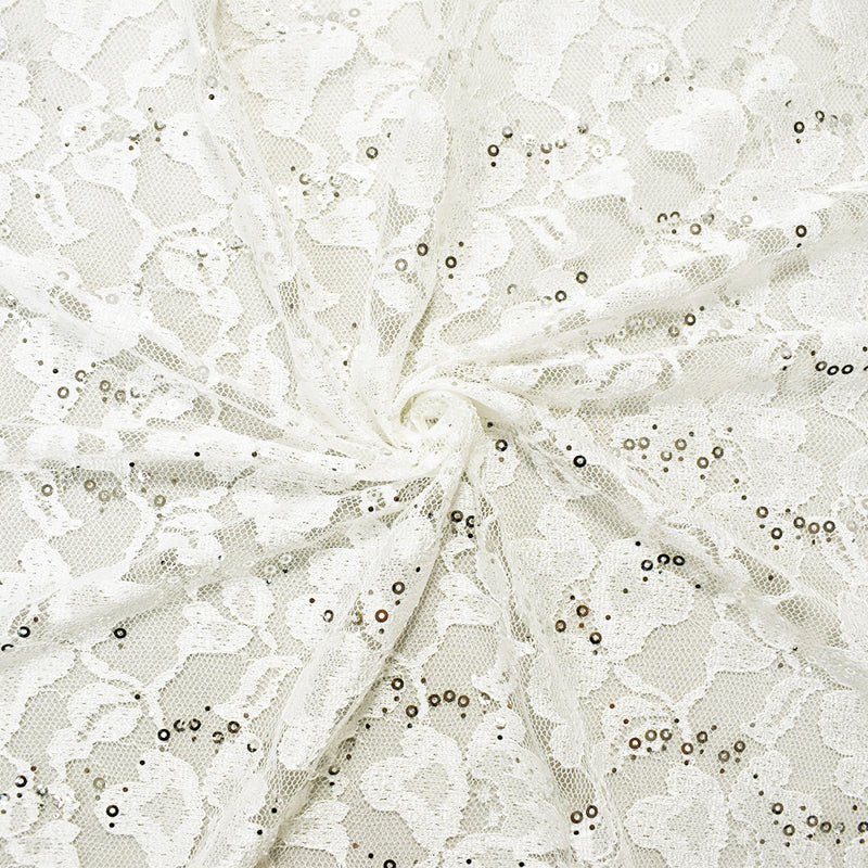White-Silver Nylon-Polyester Floral Sequin Crochet Lace Knit Fabric