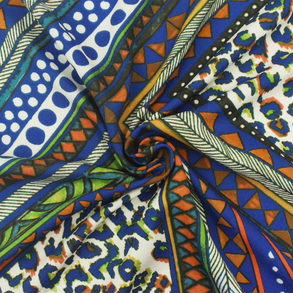 Ink Blue-Green-Multi Tribal Printed Poly Momie Crepe Woven Fabric ...